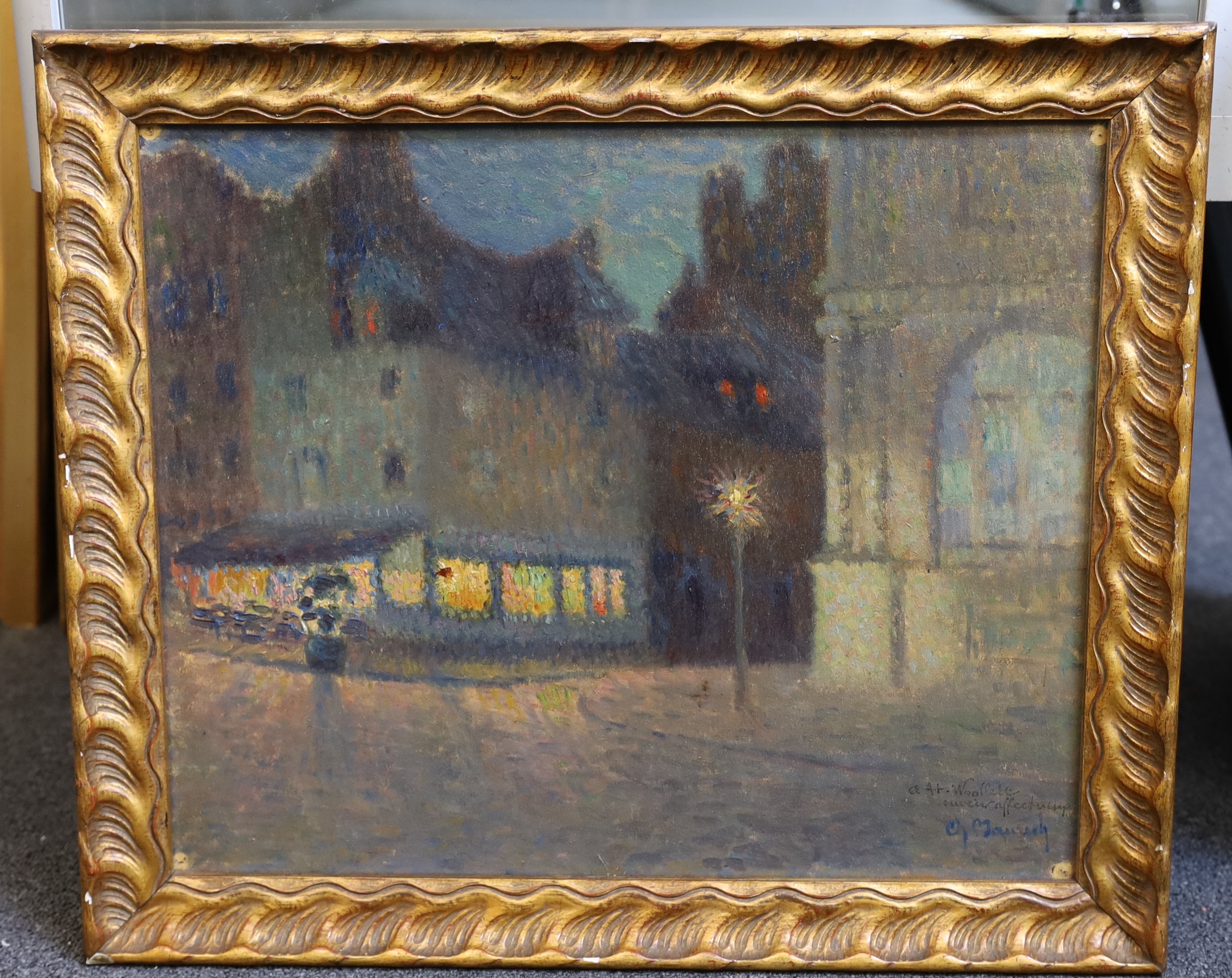 Charles Maurech, Street scene at night, oil on board, 37 x 45cm